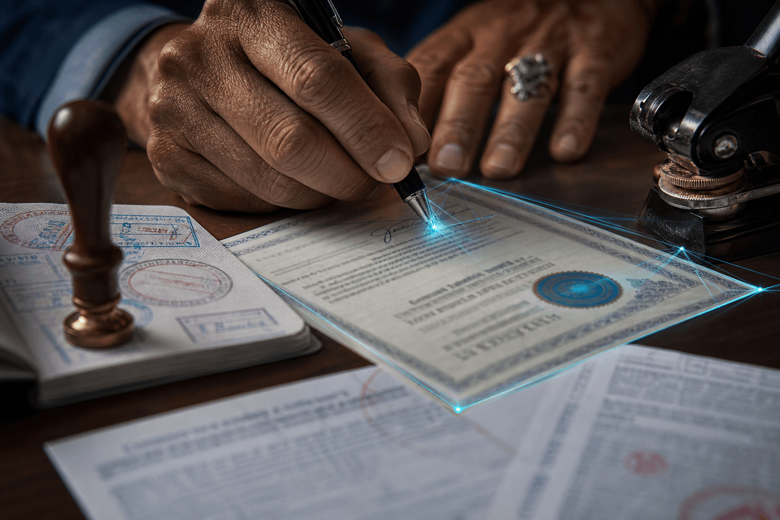 Linguist reviewing legal documents with subtle cyan technology overlays