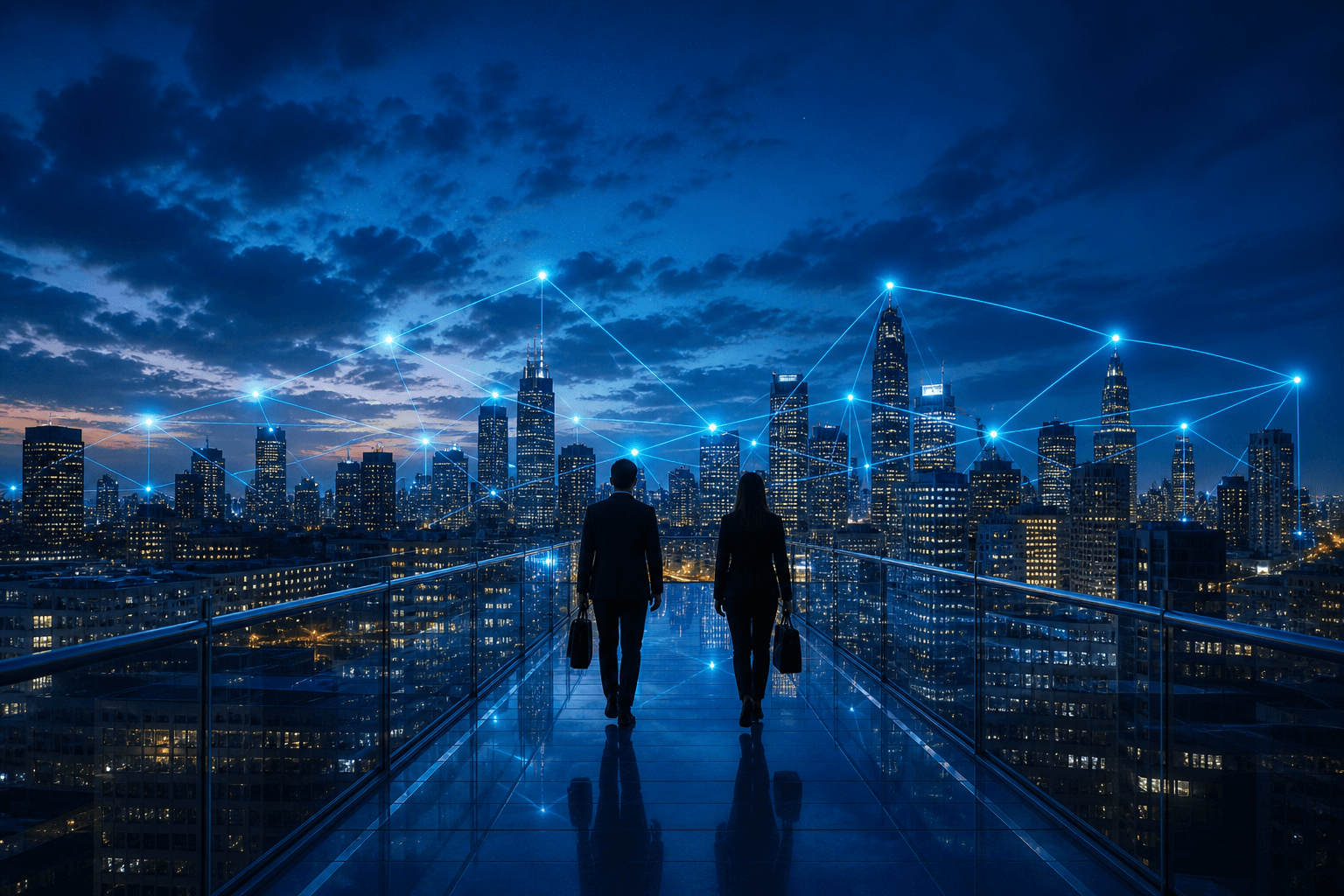 Professionals on a glass skybridge toward a city skyline with ethereal cyan light routes