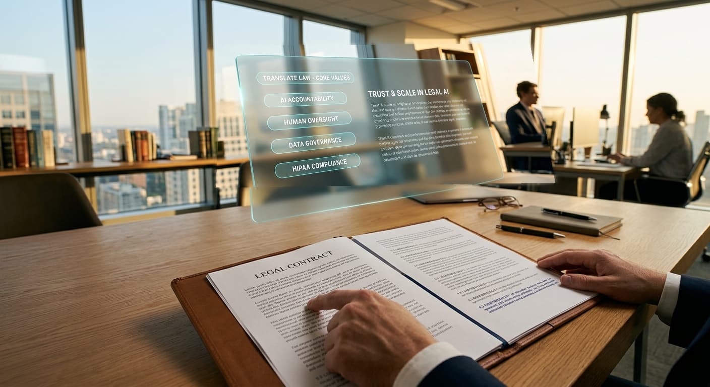 Legal professional reviewing a contract in a modern law office with AI-assisted translation